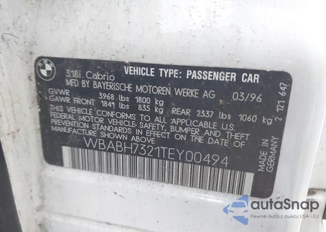 1996 BMW 318 Ic z USA, uszkodzony, nr VIN WBABH7321TEY00494